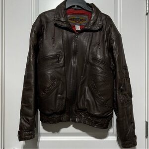 Weekends Men’s Vintage Full Zip Leather Bomber Jacket in Brown